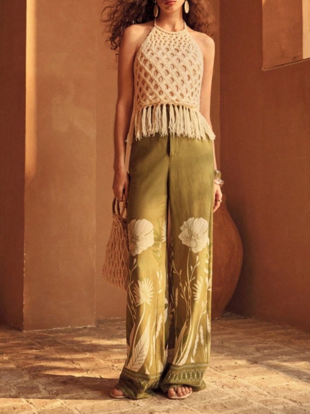Cream Crochet Halter Crop Top with Fringe Hem - Picture 5 of 8
